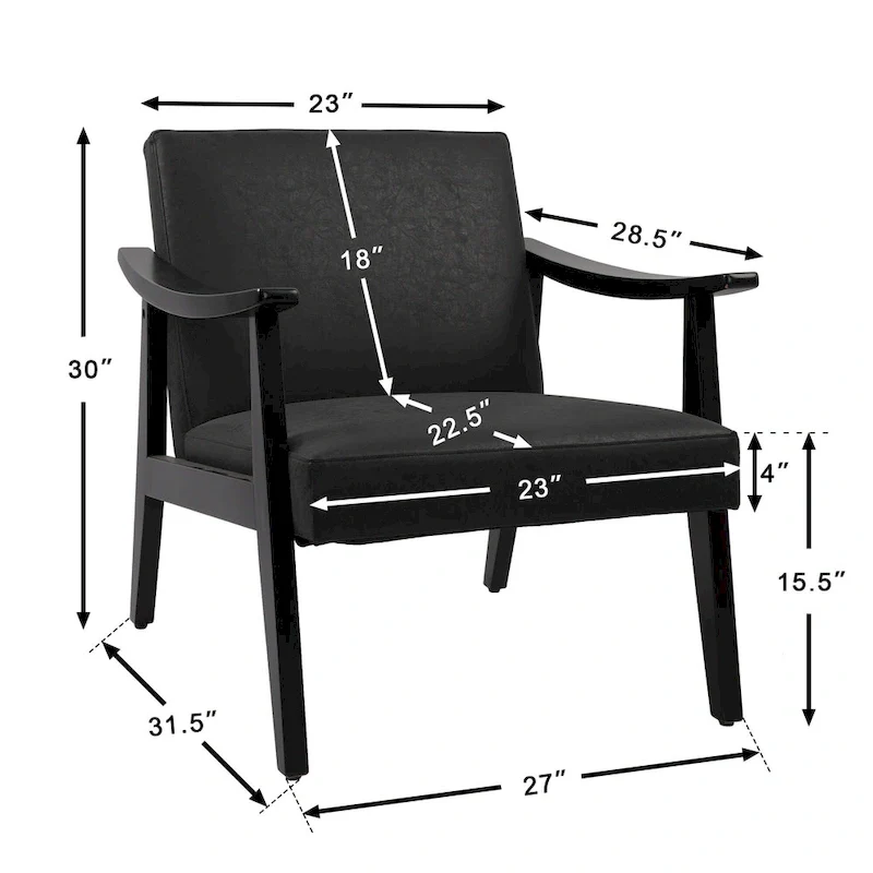 Faux Leather Accent Chair Solid Wood Armchair in Black Finish