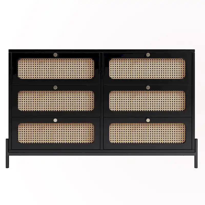 6-Drawer Rattan Wood Nightstand