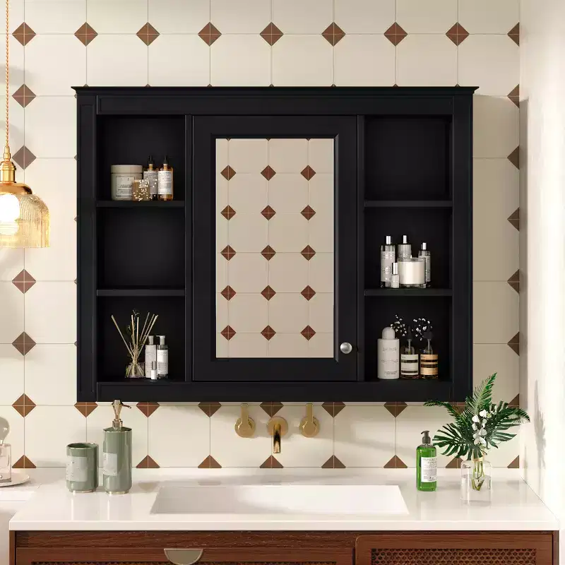 MAYEERTY 27.5 Medicine Cabinet, Wall Mounted Bathroom Storage Cabinet with Mirror 6 Open Shelves Modern Black