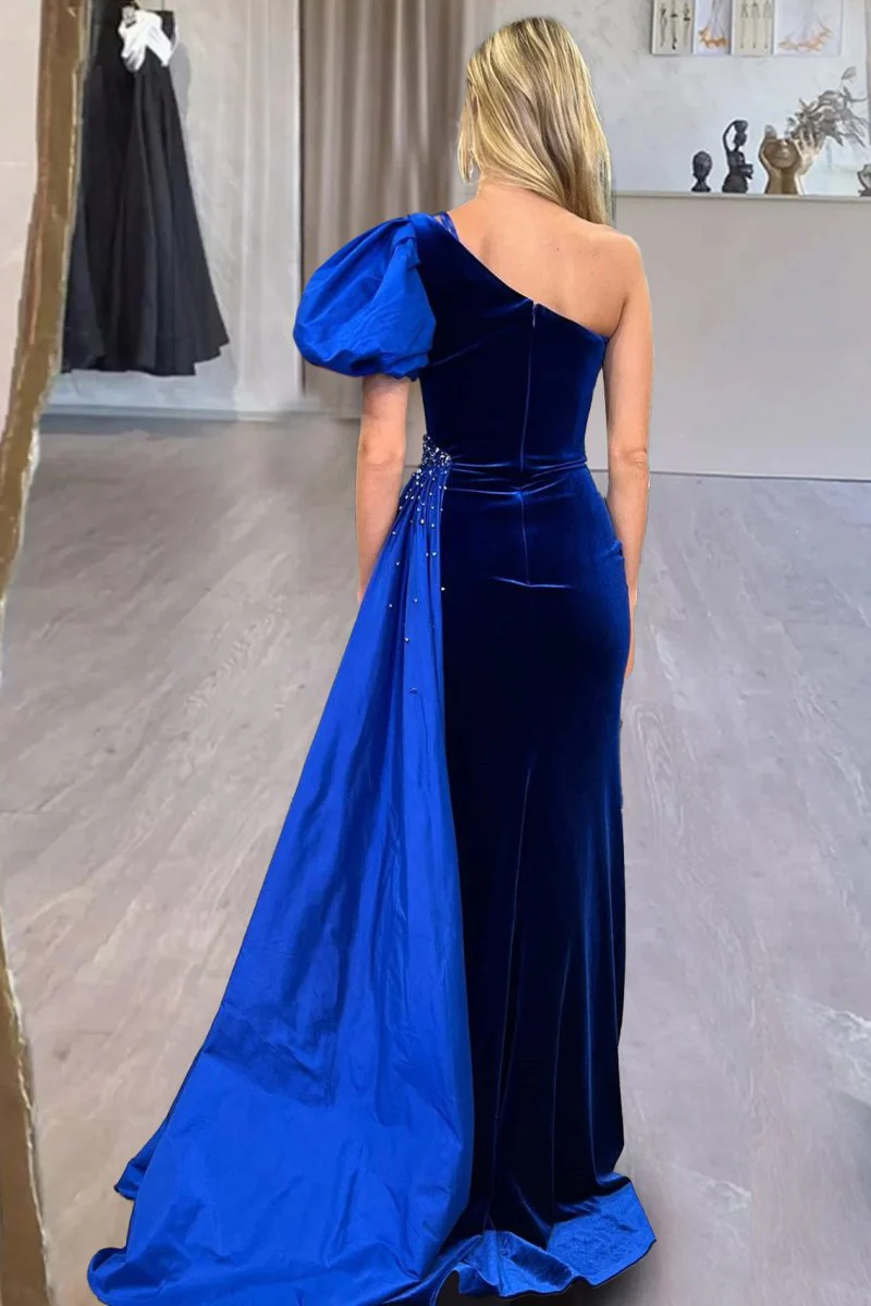 Royal Blue Velvet One-Shoulder Long Formal Dress with Attached Train