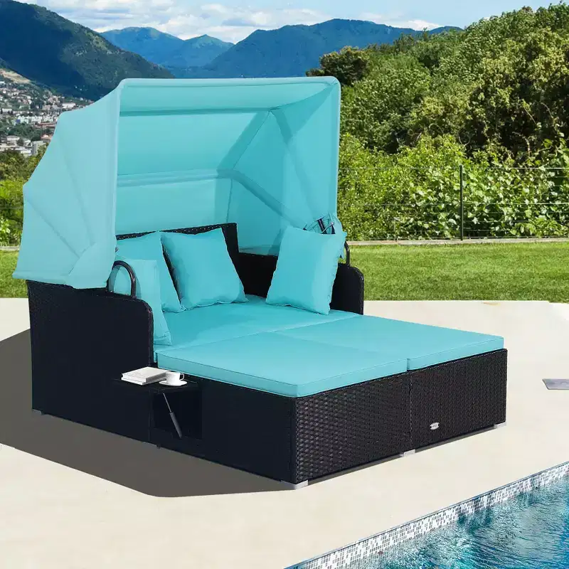 Costway Patio Rattan Daybed Lounge Retractable Top Canopy Side Tables Cushions Off White/Red/Turquoise/Beige