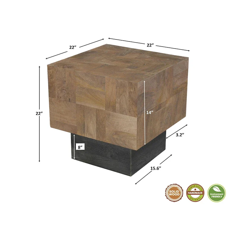Modern Handcrafted Solid Mango Wood Side Table with Neutral Finish, Clean Lines for Living Room