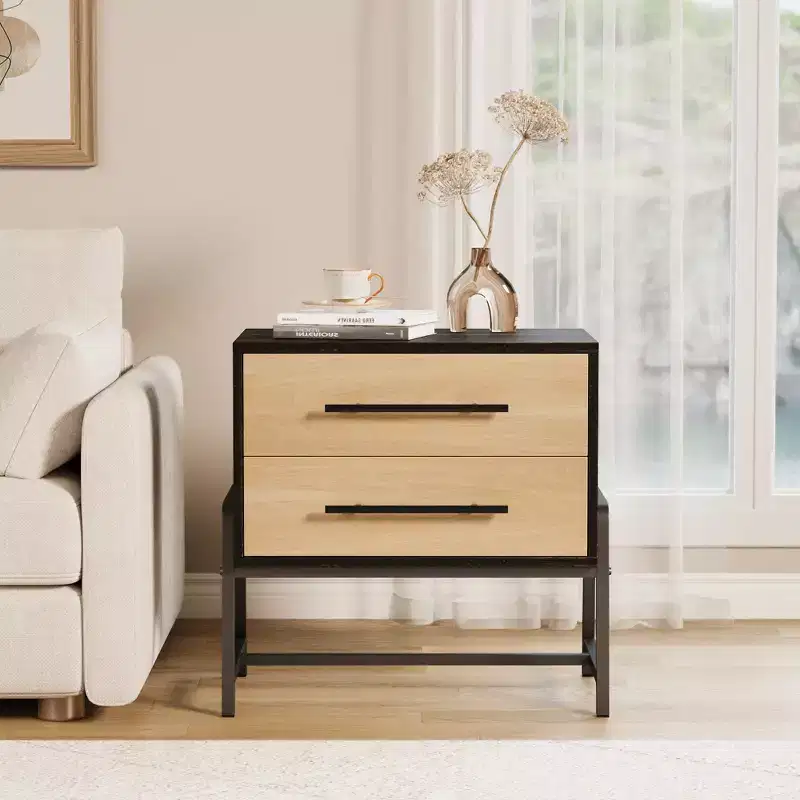 Small Nightstand with 2 Drawers, Small Bedside End Table Metal Frame Modern Night Stand Furniture for Bedroom, Hallway, Closet, Small Space
