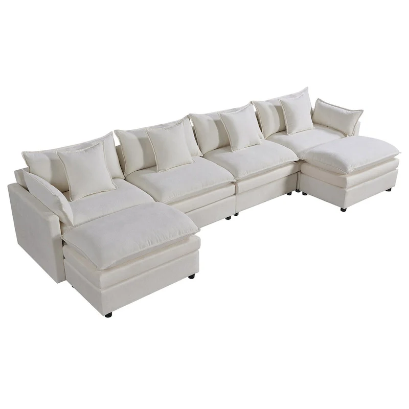White 142.52  U-Shaped 6 Seater Sectional Sofa with Convertible Chaise and Ottomans, Spacious Cloud Couch