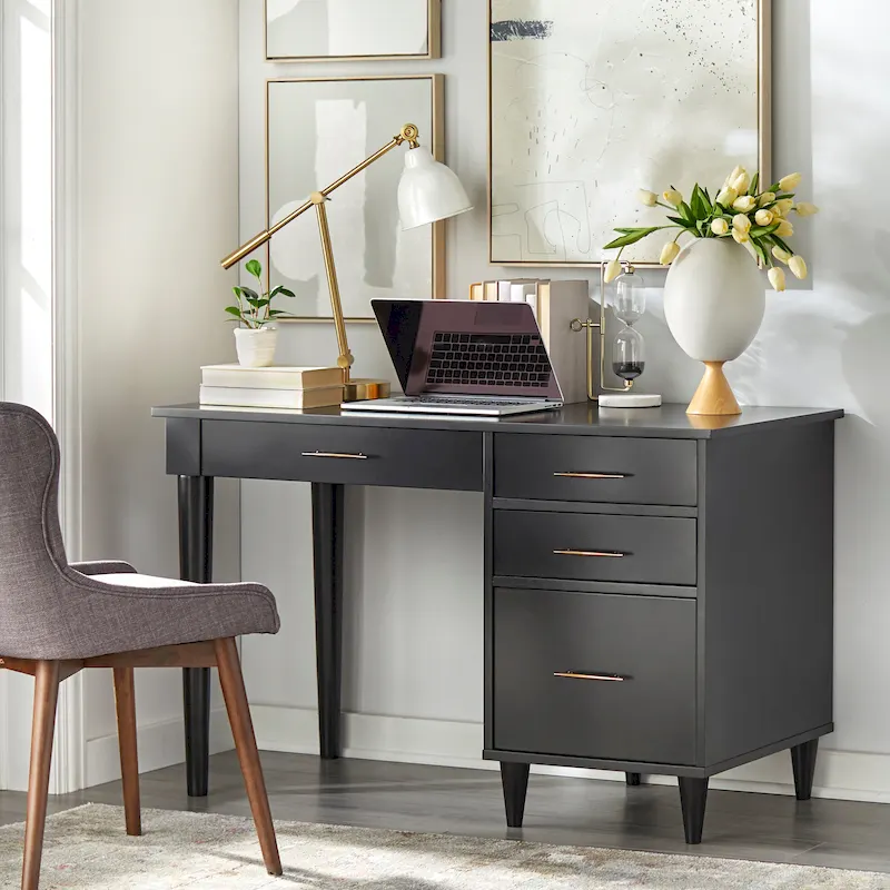 Mid-Century Modern Desk with 4 Drawers & File Drawer – Black / Oak / White, Home Office Style