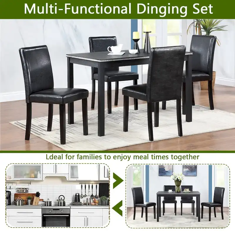 5 Piece Wooden Dining Table Set, Kitchen Table Set with a Rectangular Table and 4 Upholstered Chairs