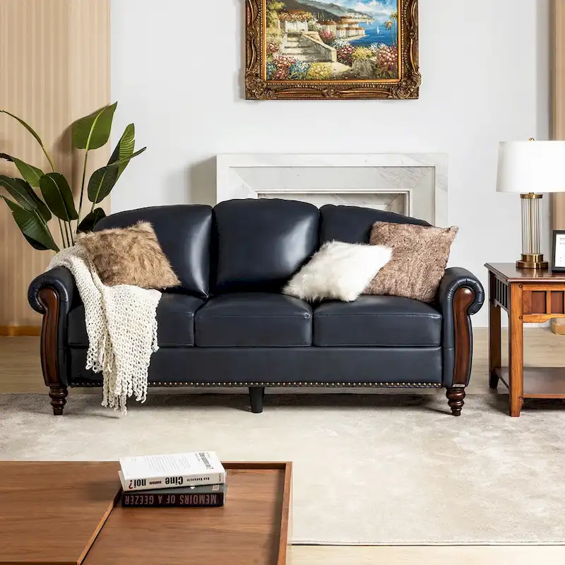 84 Traditional Genuine Leather Sofa with Carved Wood Legs