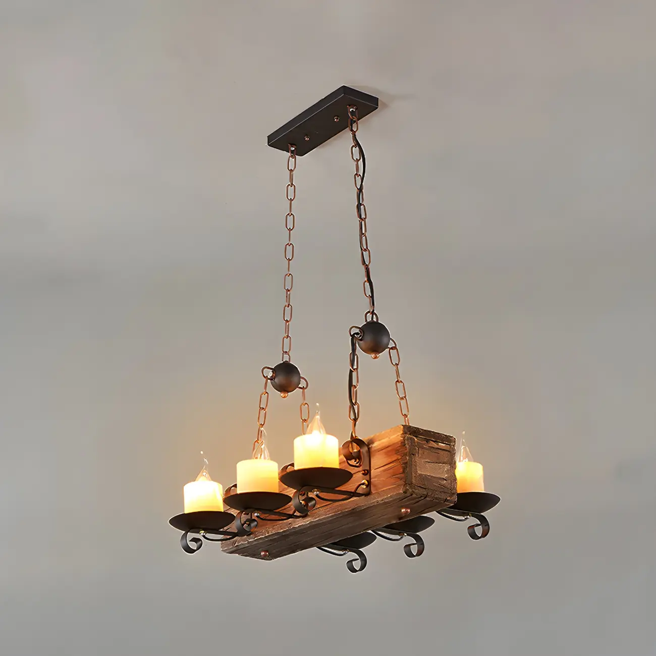 Industrial Rustic Wood Vintage Glass Rectangular Chandelier