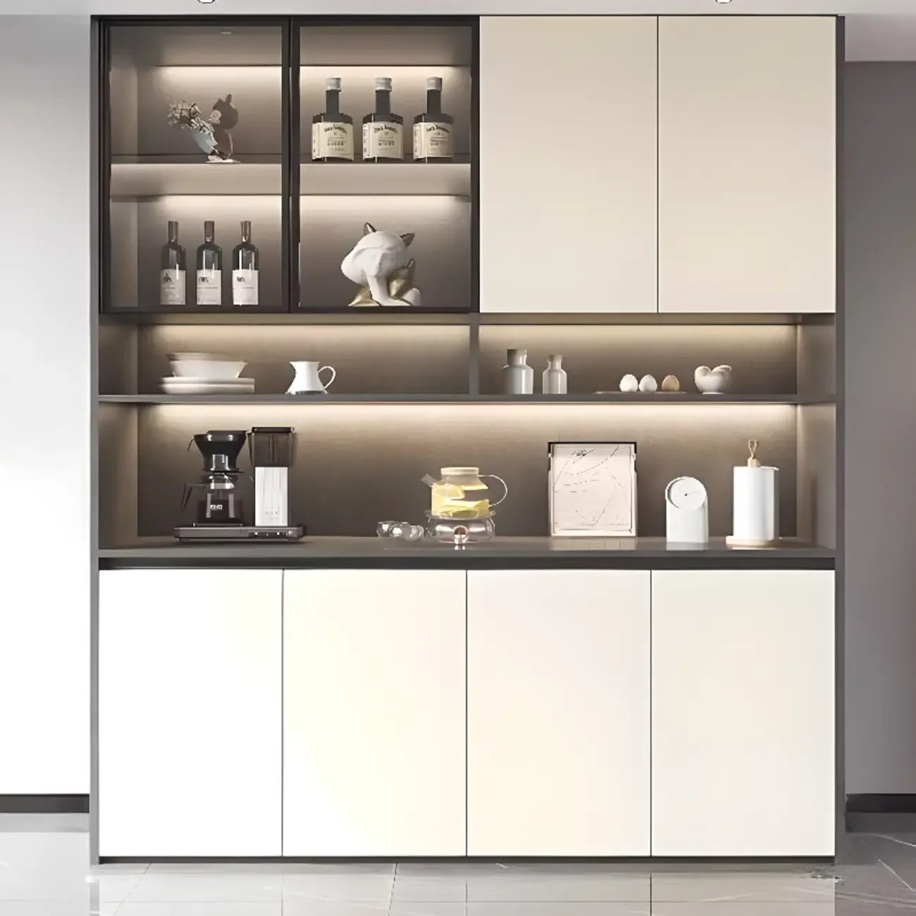 White Rectangular Multi-Shelves Glass Wood Wine Cabinet