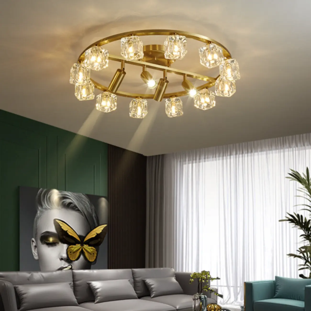 Gold Circle Cube Crystal Semi Flush Ceiling Light with Spotlights