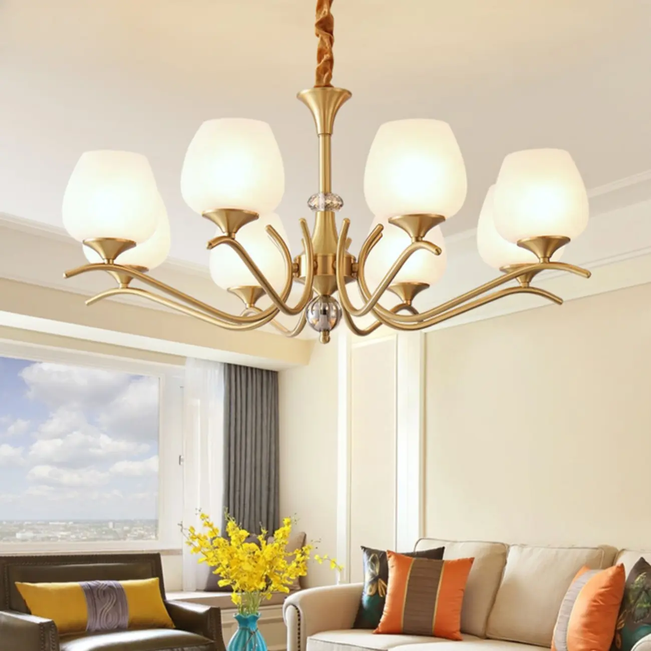 Mid-Century Modern White Glass Elegant Gold Chandelier