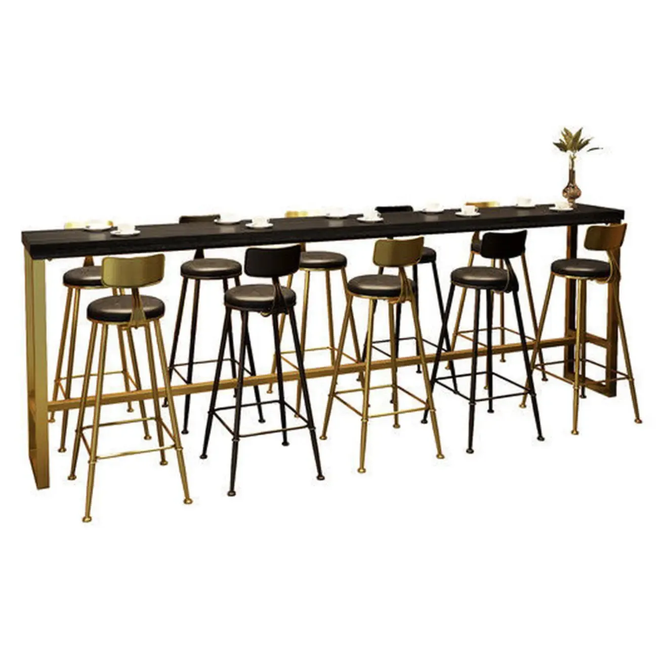 Luxurious Midnight Black Wood Gold Metal Leg Rest Bar Tables