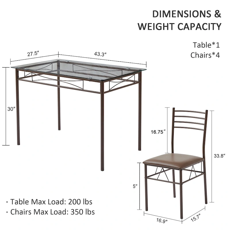 5-pieces Modern Dining Sets,Tempered Glass Table Top and 4 PU Chairs