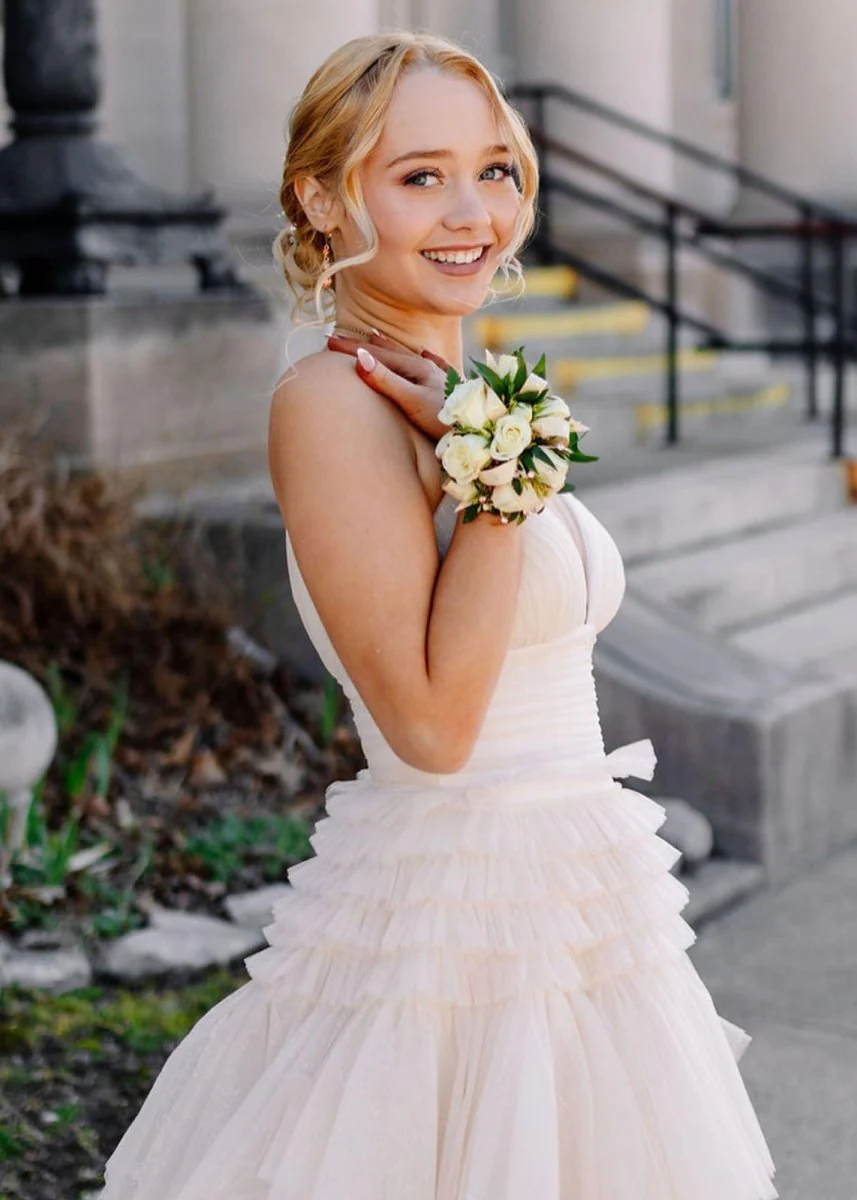 A-Line Spaghetti Straps Long Tiered Tulle Prom Dress With Split