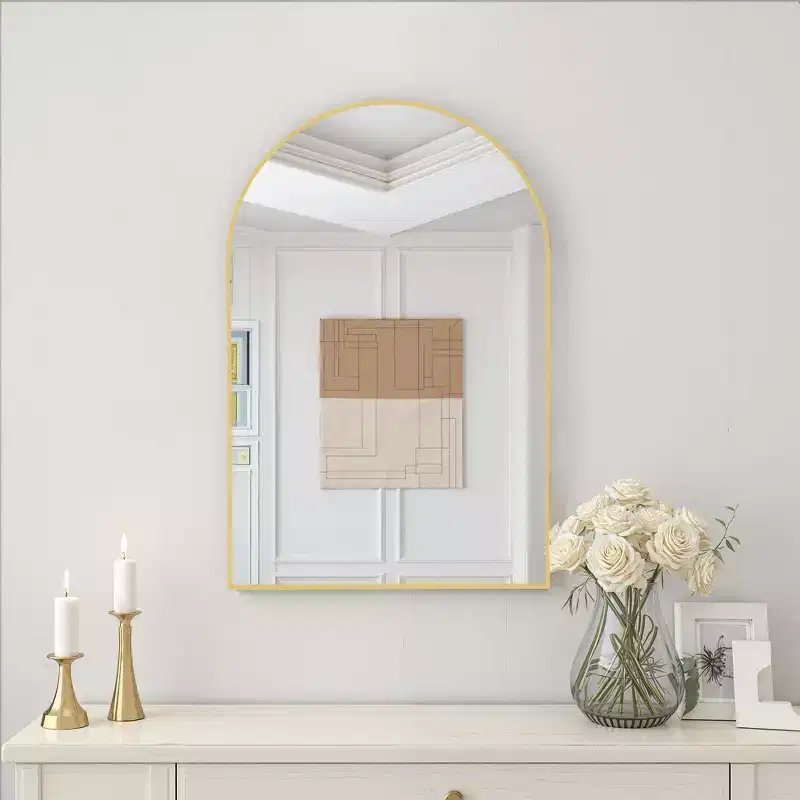 Luxurious 91cm Gold Aluminum Arched Mirror with Slim Frame, Right Angles, 2.8cm Depth