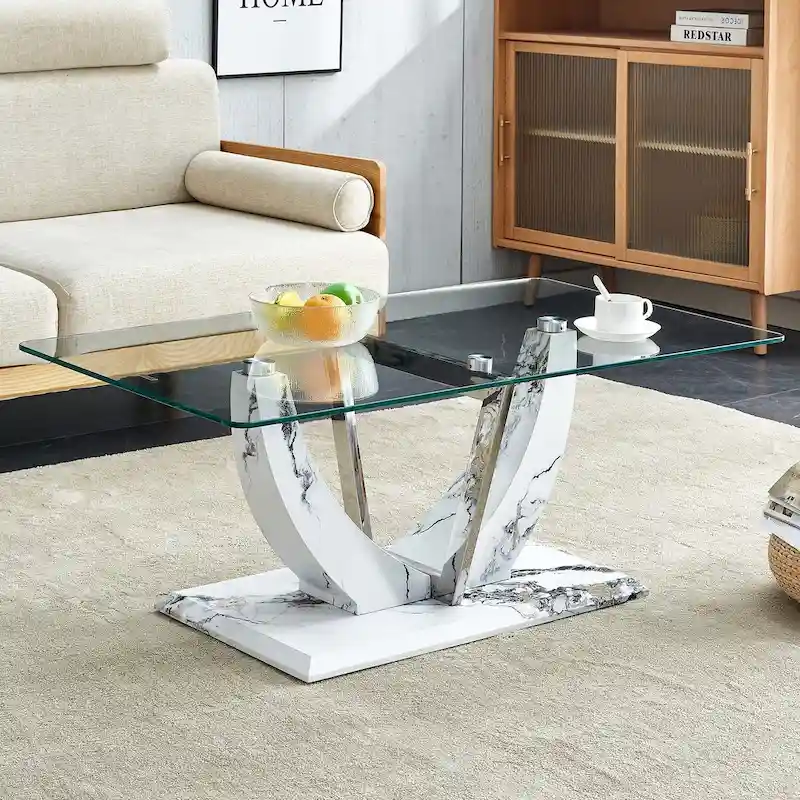 Modern minimalist transparent tempered glass coffee table with marble patterned MDF legs and stainless steel decorative columns