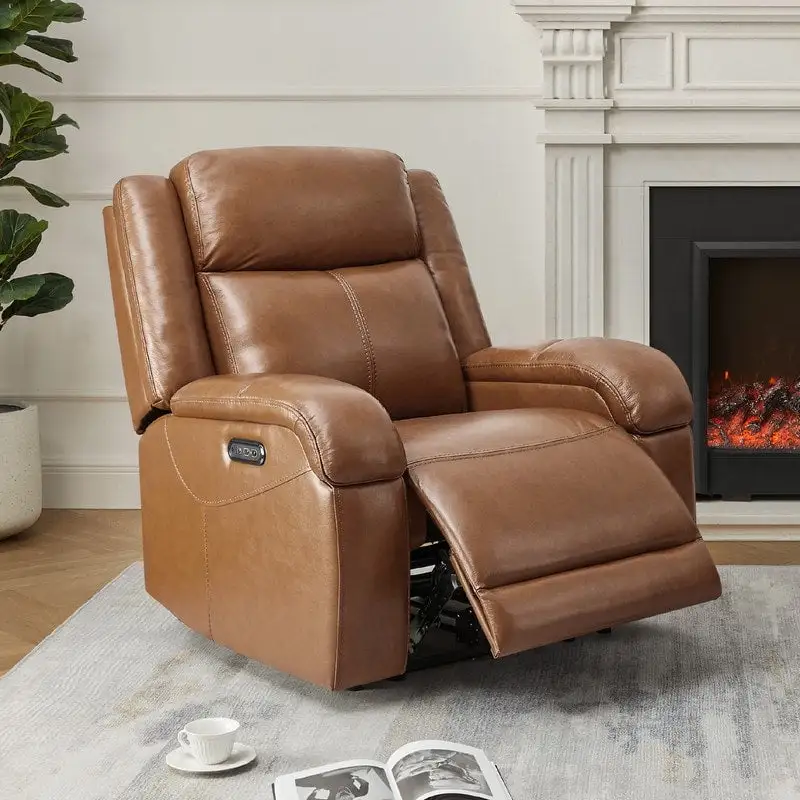 Brown Leather Power Recliner with Headrest - Single Seat