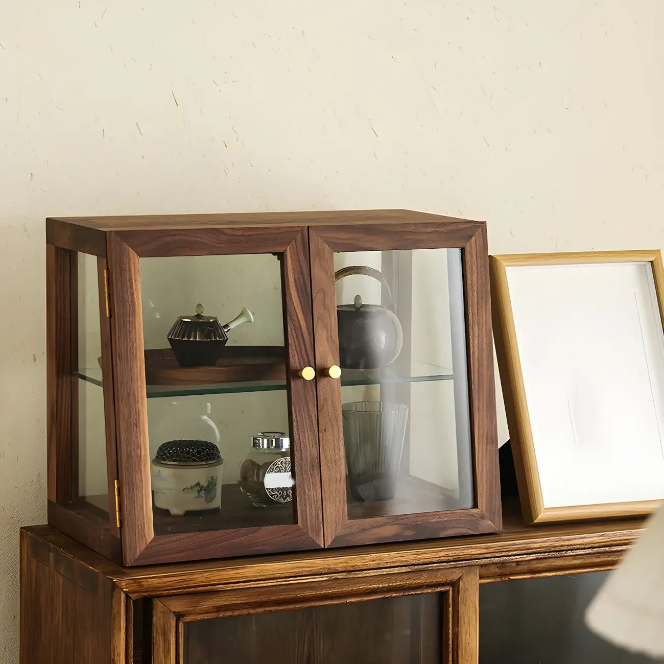 Walnut Wood Brown Glass Door Short China Cabinet
