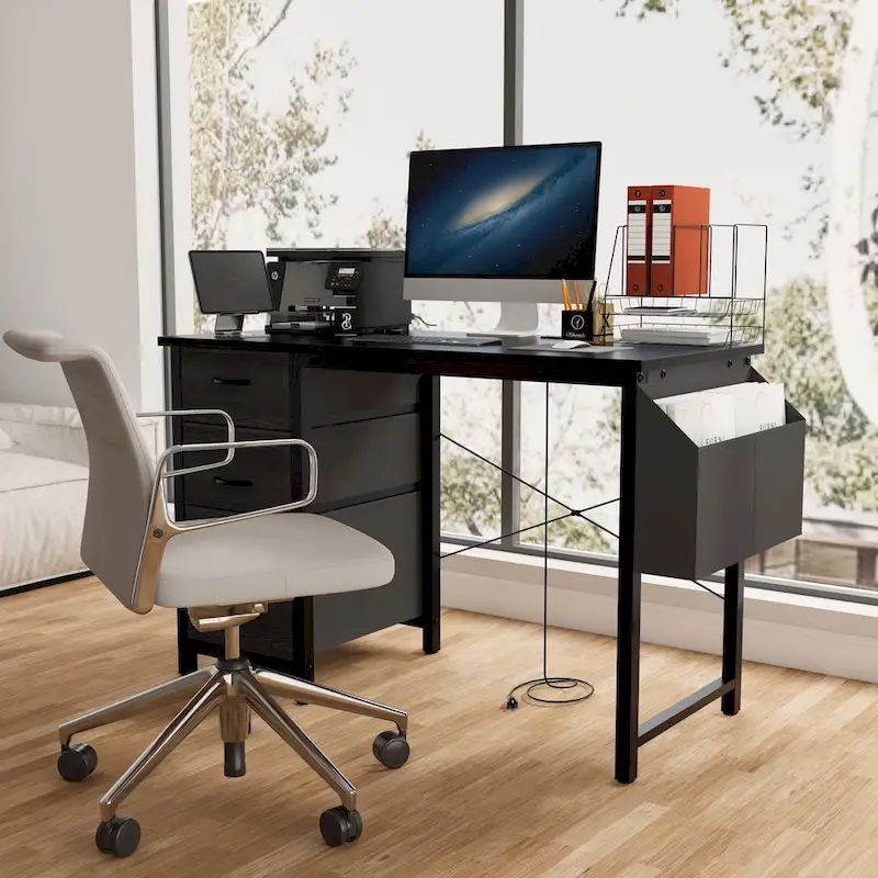 Brown / White / Black, Modern Style, Single-Person Office Desk with Hutch, 3 Drawers & Power Outlets