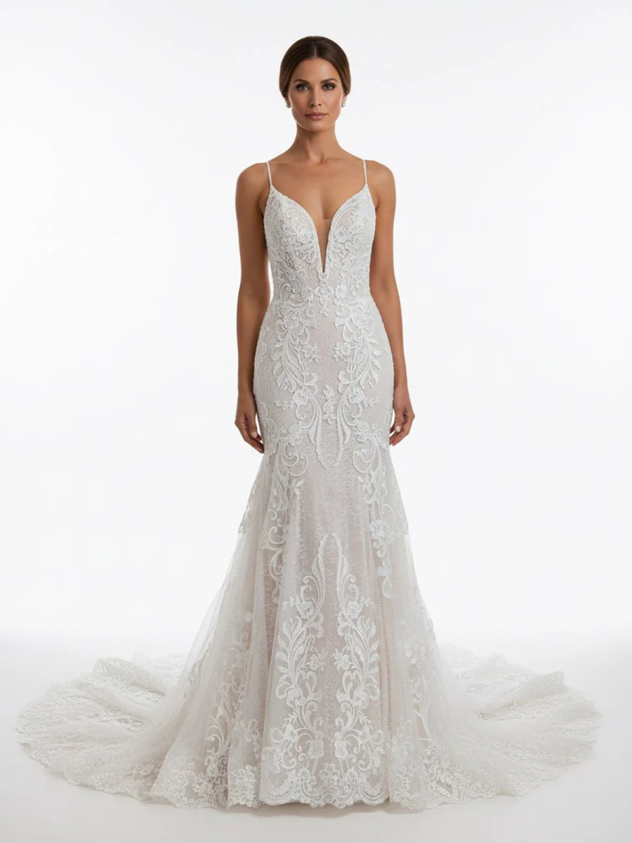 Ivory Mermaid Spaghetti Straps Backless Long Lace Wedding Dress