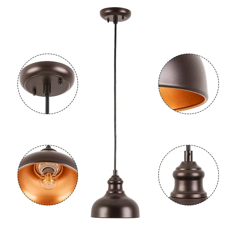 1-Light Black Hanging Pendant with Metal Dome Shaded