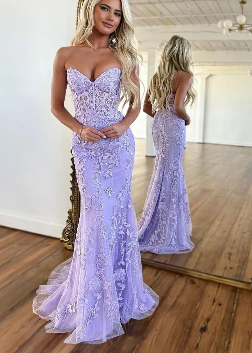 Mermaid Strapless Lace Prom Dress With Appliques