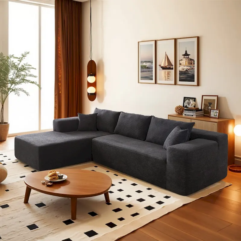 Black / Grey / Camel L-Shaped Corduroy Sectional Sofa with Chaise, 4-Seat