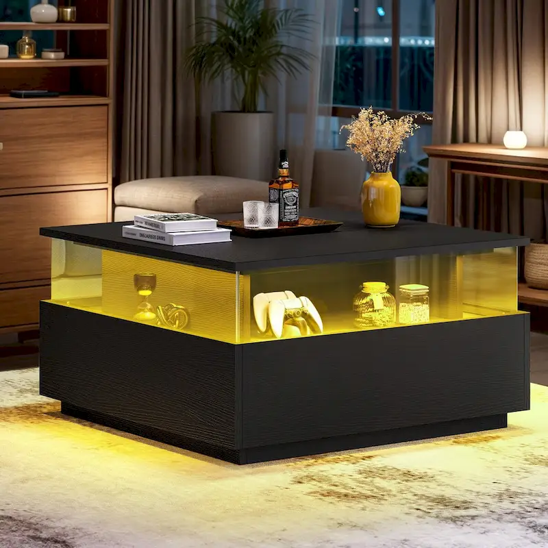 Moasis Modern Square Coffee Table with Drawers & LED Light, Acrylic and Wood Center Table