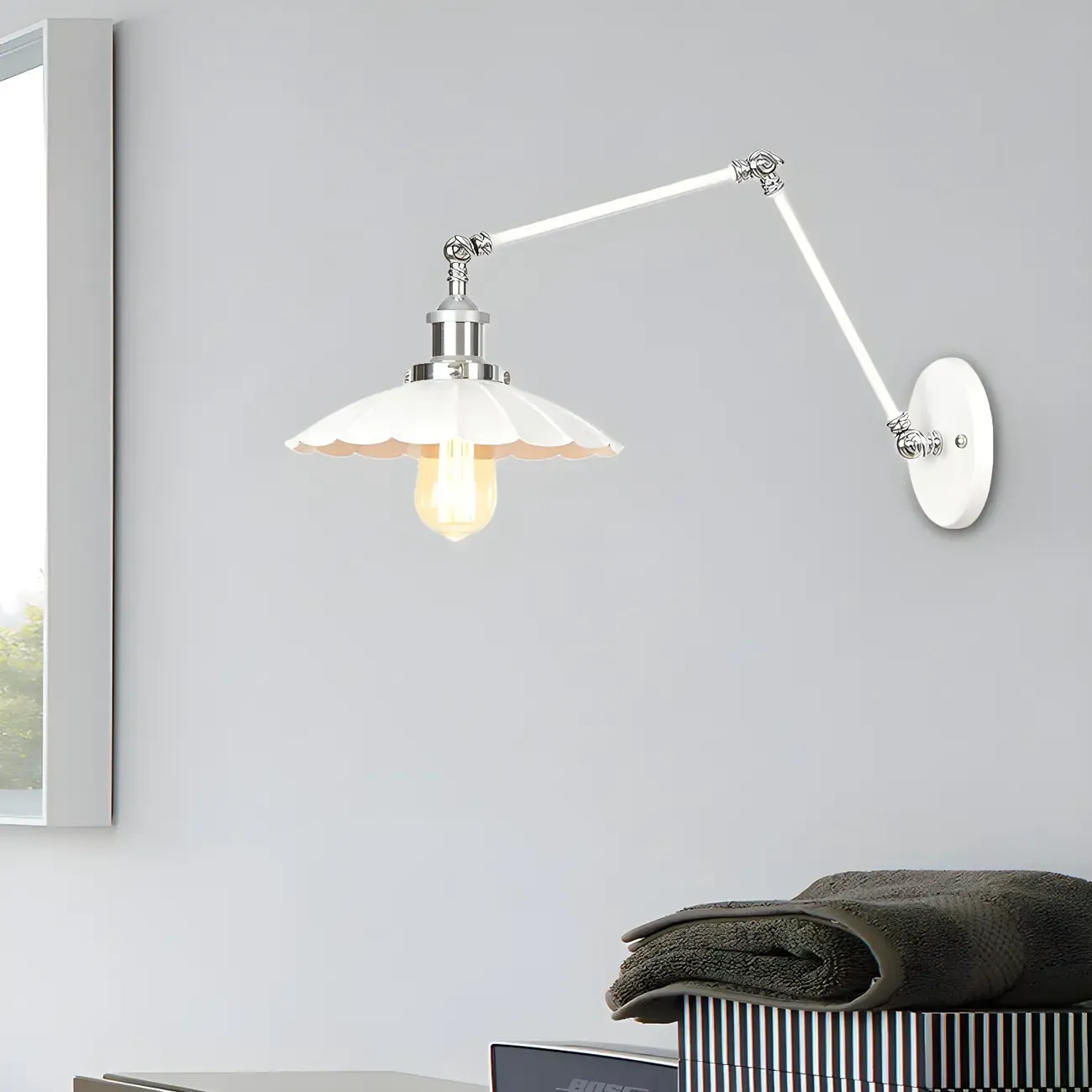 White Metal Adjustable Swing Arm Wall Light with Different Shade