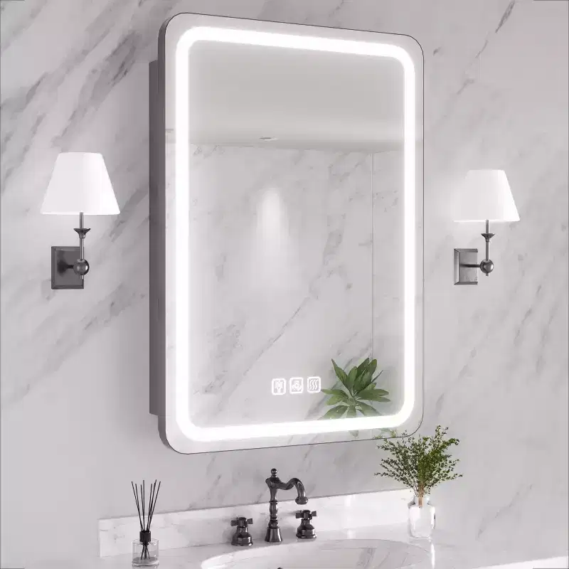 FAMYYT 20 in. W x 28 in. H Rectangular Iron Medicine Cabinet with Mirror, Dimmable LED Light, Anti-Fog and Outlets - Fully Assembled
