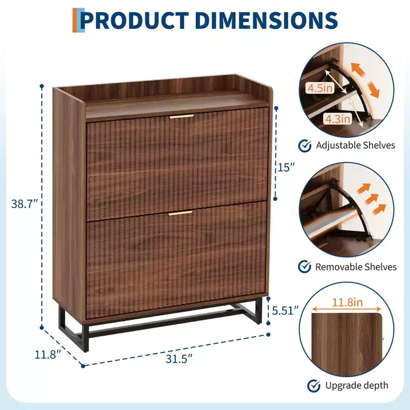 Shoe Cabinet with Two Flip-Top Drawers, Narrow Style with Concealed Recessed Wooden Shoe Rack Storage Cabinet, with Wall Anchor, For Entryway