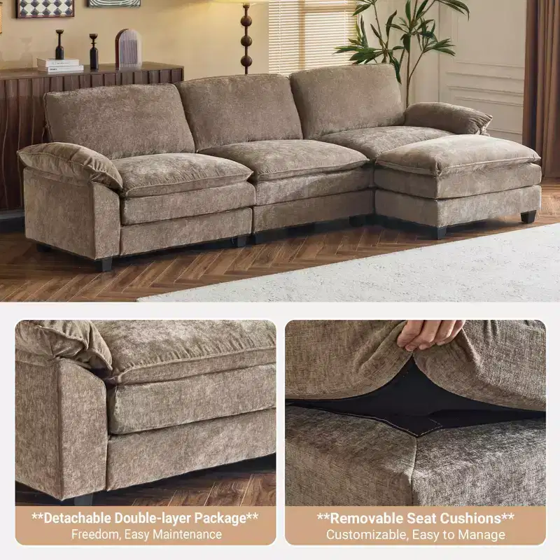 Karl Home |120 in. W Pillow Top Arm Double-layer Cushion Chenille Sofa in Brown With Ottoman