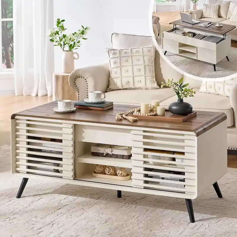 Antique White / Natural Oak Lift-Top Coffee Table, Mid-Century Style, 1–2 Person