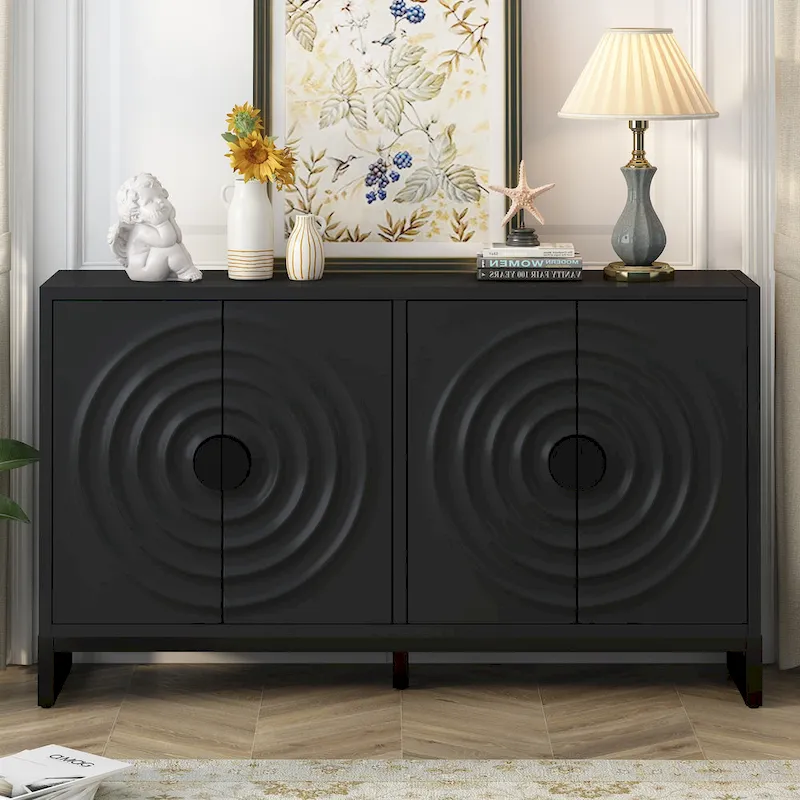 Natural / Black / Navy Blue 4-Door Water Wave Sideboard, 2-Person Assembly