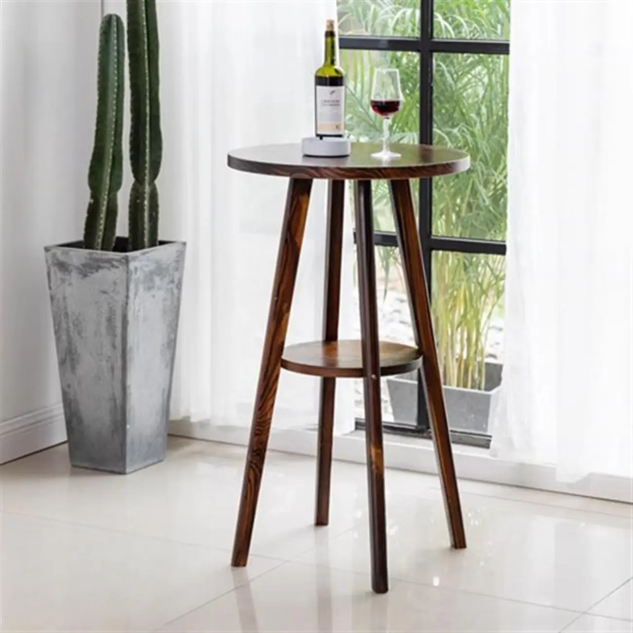 Scandinavian Rubberwood Round Bar Tables with Shelf