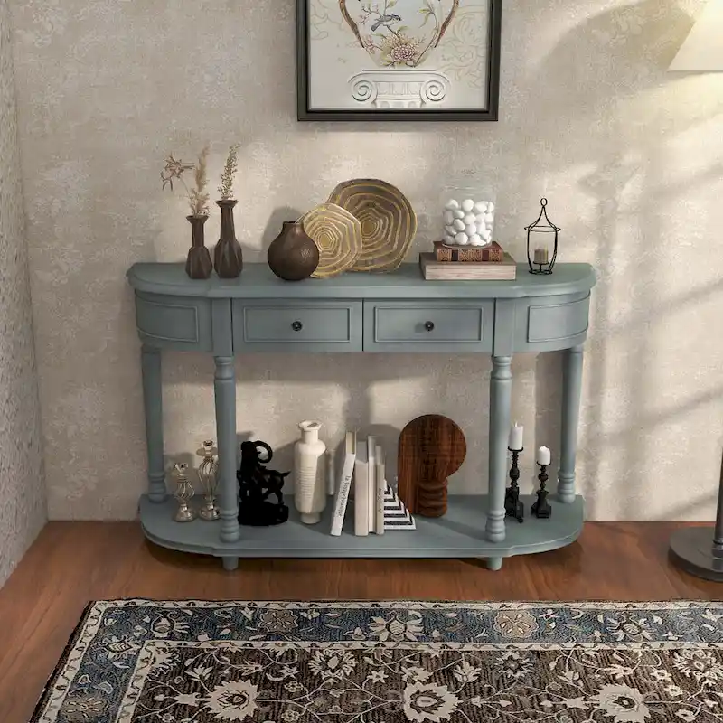 Blue Retro Console Table with 2 Drawers and Shelf