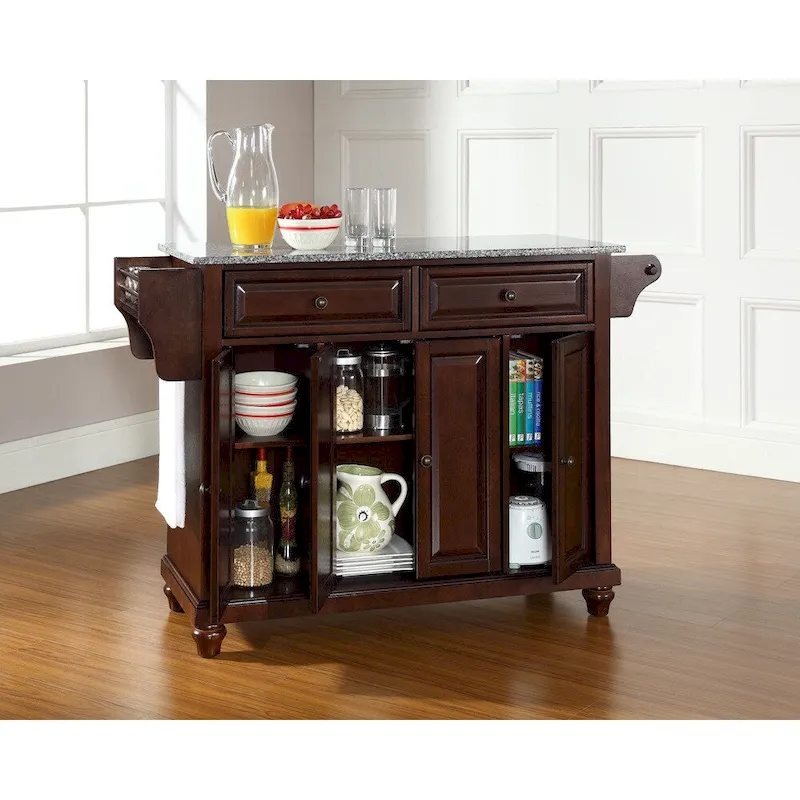 Solid Granite Top Kitchen Island Hardwood Mahogany Finish 4 Doors 2 Drawers Storage