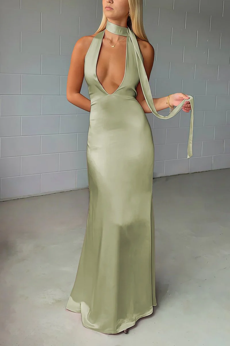 Yellow - Halter Deep V Neck Satin Sheath Backless Long Prom Dresses