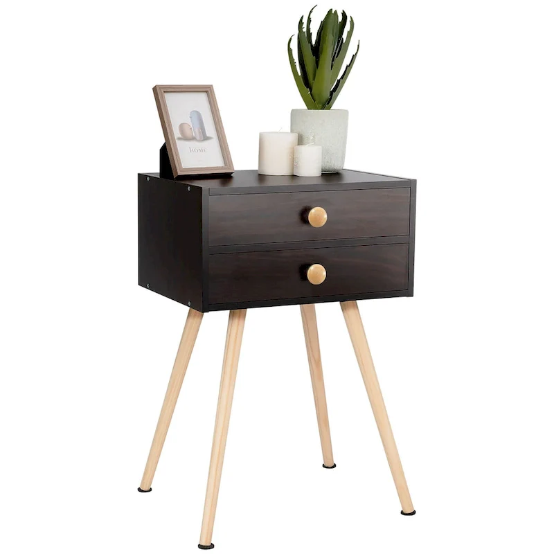 Espresso 2-Drawer Nightstand with Wood Legs