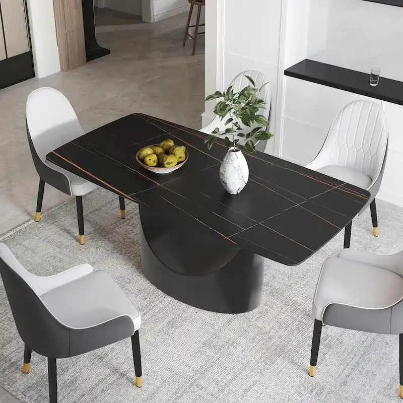 71  Black Marble Sintered Stone Table Top,Rectangle Dining Room Table with Unique U-Shape Black Carbon Steel Pedestal