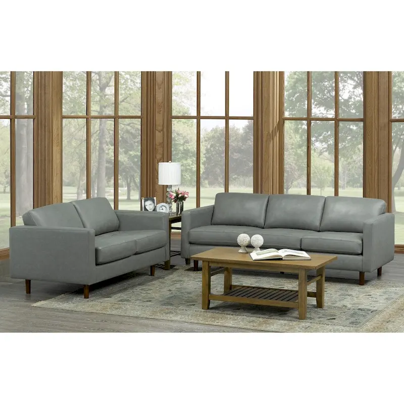Mid Century Modern Grey Top Grain Italian Leather Tufted Sofa and Loveseat