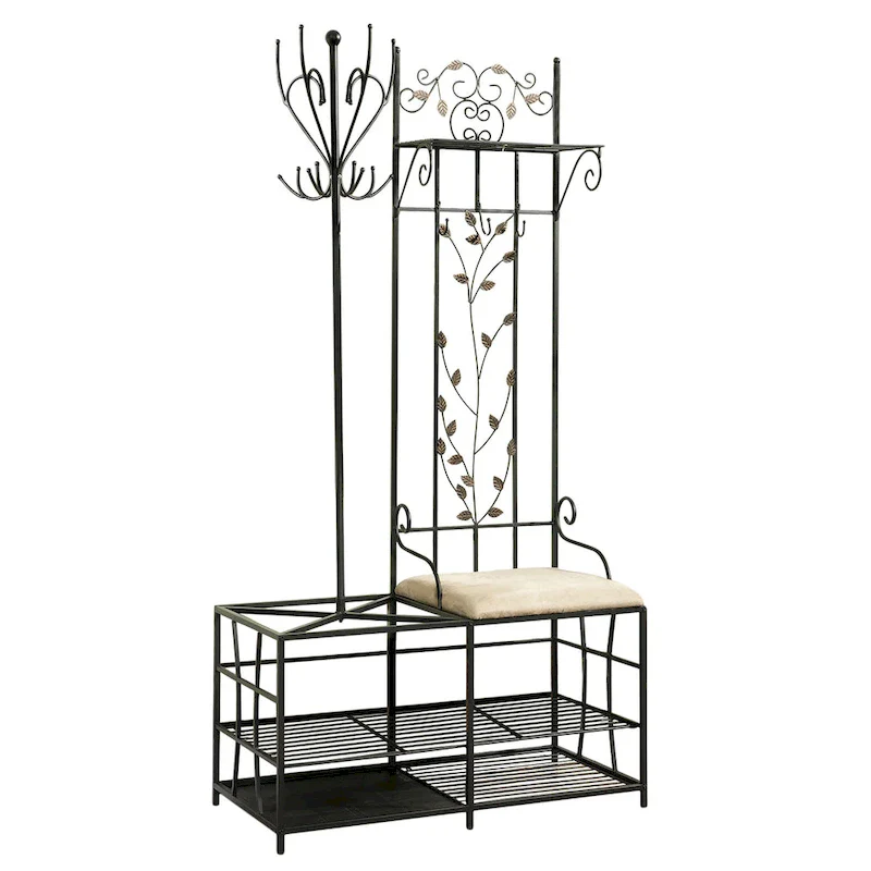 Black & White Metal Hall Tree Coat Rack Bench with Storage – Single