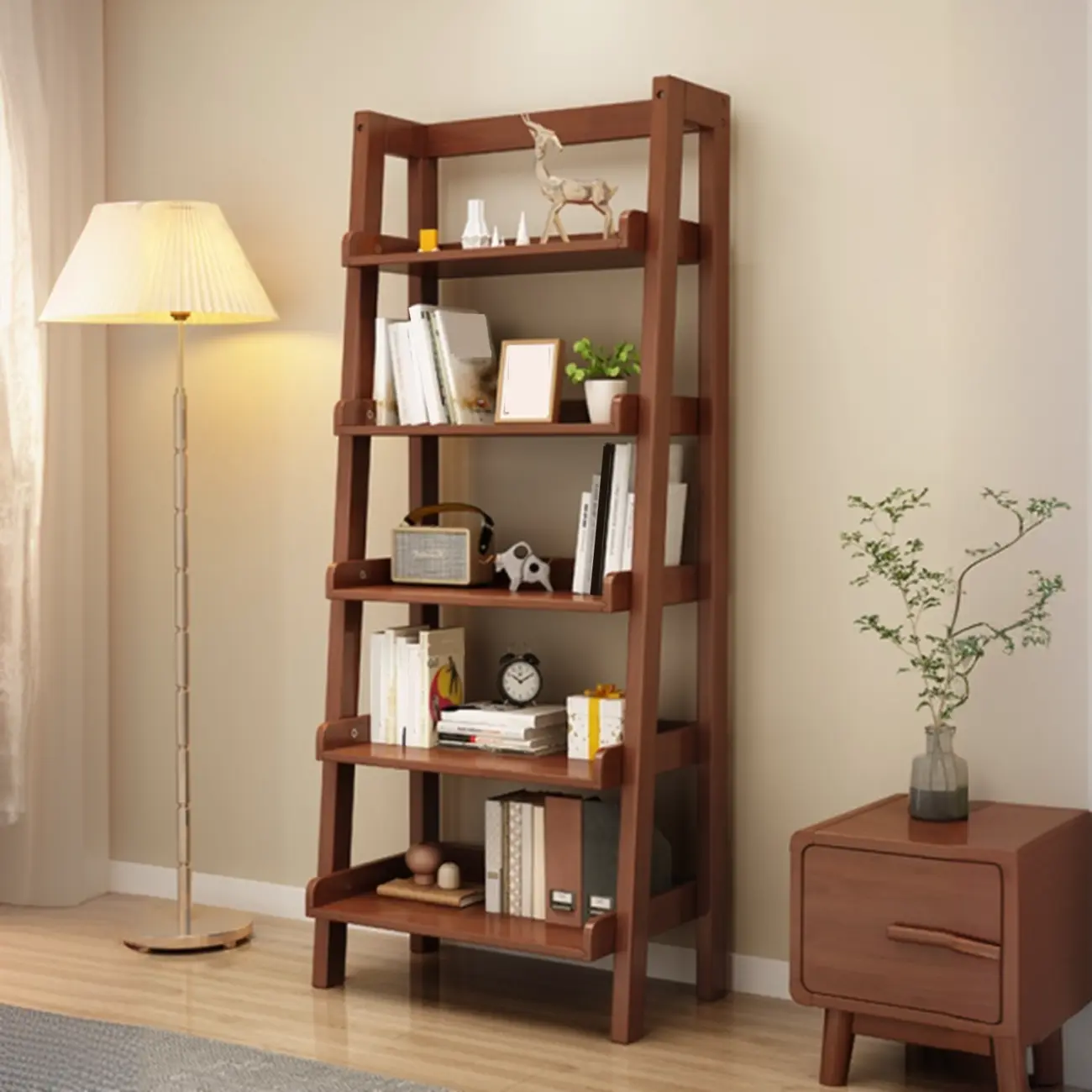 Scandinavian Rectangle Wood 5-Tier Ladder Bookcase