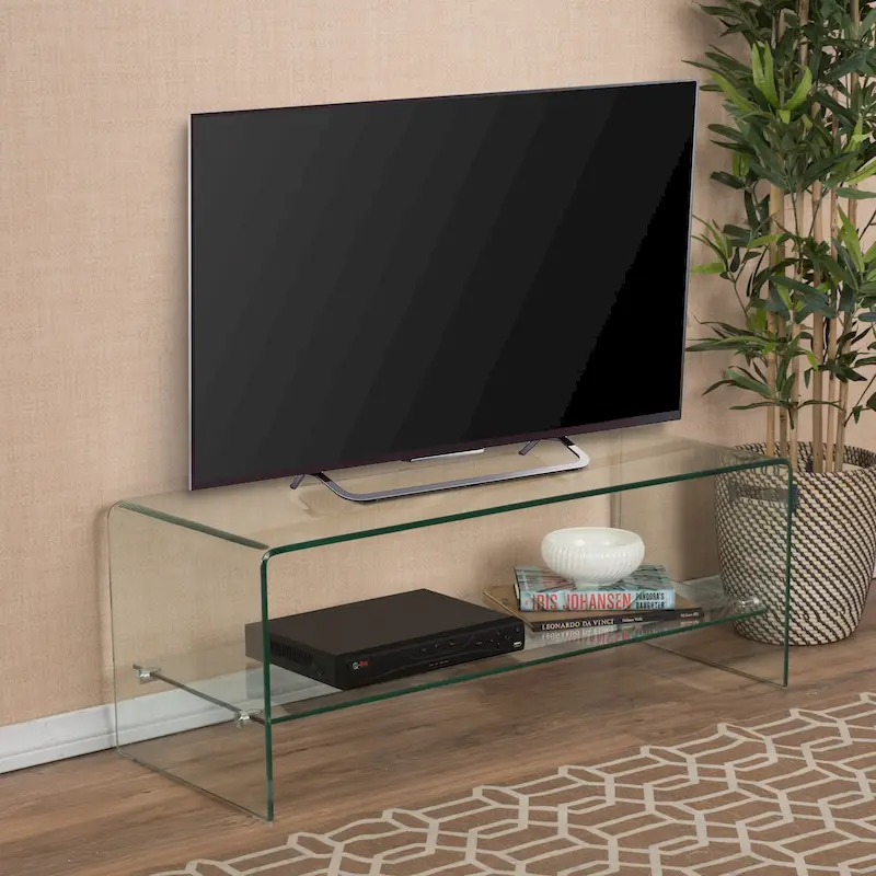Clear Tempered Glass TV Stand with Open Back & Glass Shelf, Fits TVs up to 39