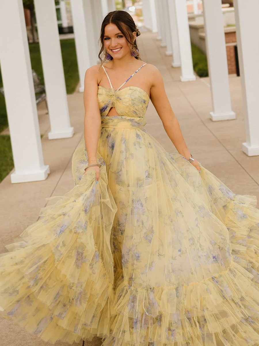 Pink Print Halter Keyhole A-Line Long Prom Dress