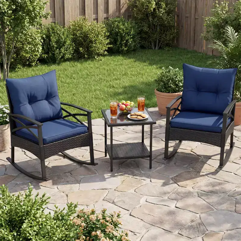 Gymax Set of 3 Patio Bistro Set w/ Glider Rocking Chairs Tempered Glass Coffee Table & Cushions
