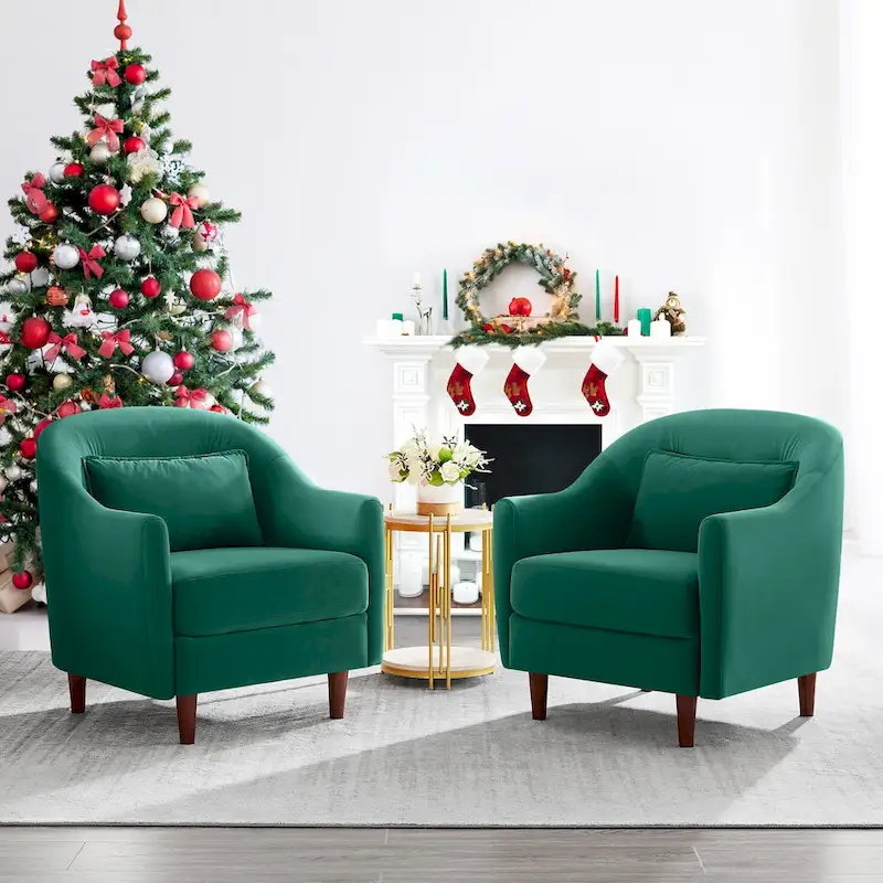 VANOMi 28.34 W Set Of 2 Accent Armchair, Velvet Barrel Chair with Solid Wood Legs