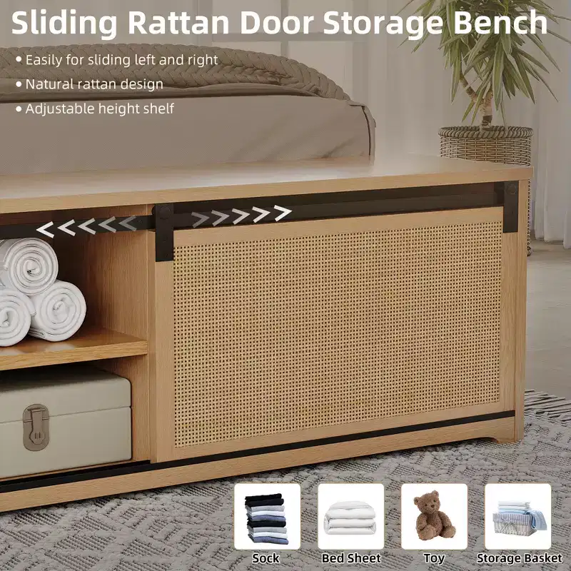Full Natural Rattan Bed Frame with Sliding Barn Door Storage Cabinets, Boho Farmhouse Wood Platform Bed, Wood Legs Support, Noise-Free Slats