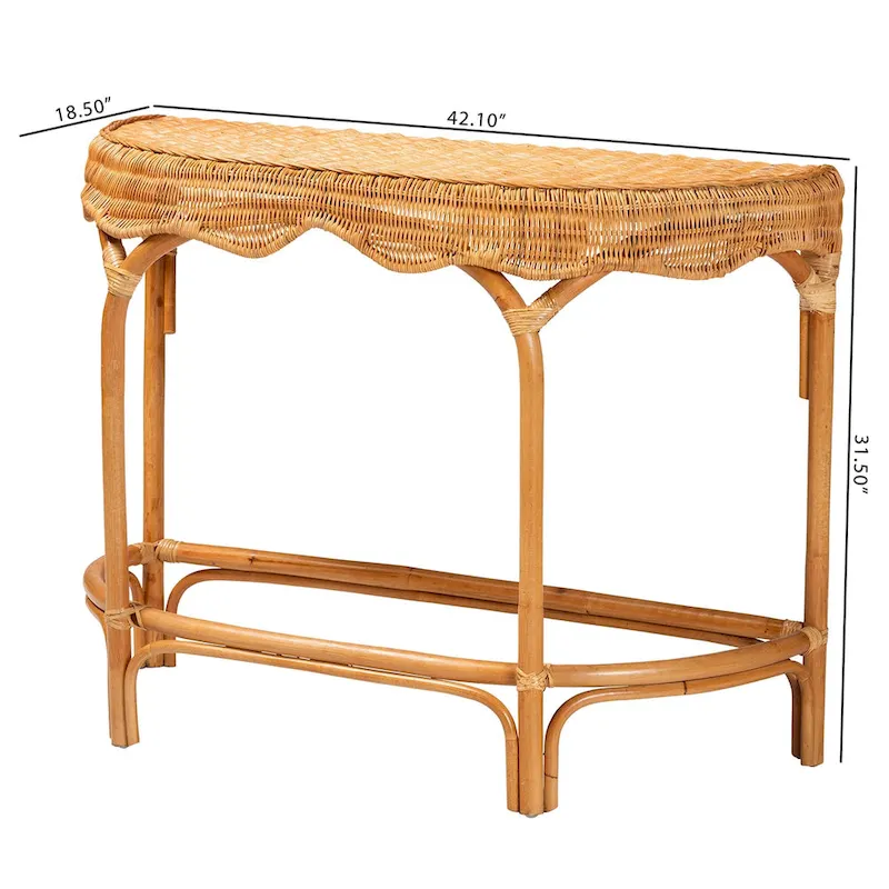 42-Inch Modern Bohemian Natural Rattan Console Table with Half-Moon Top, Scalloped Details for Entryway