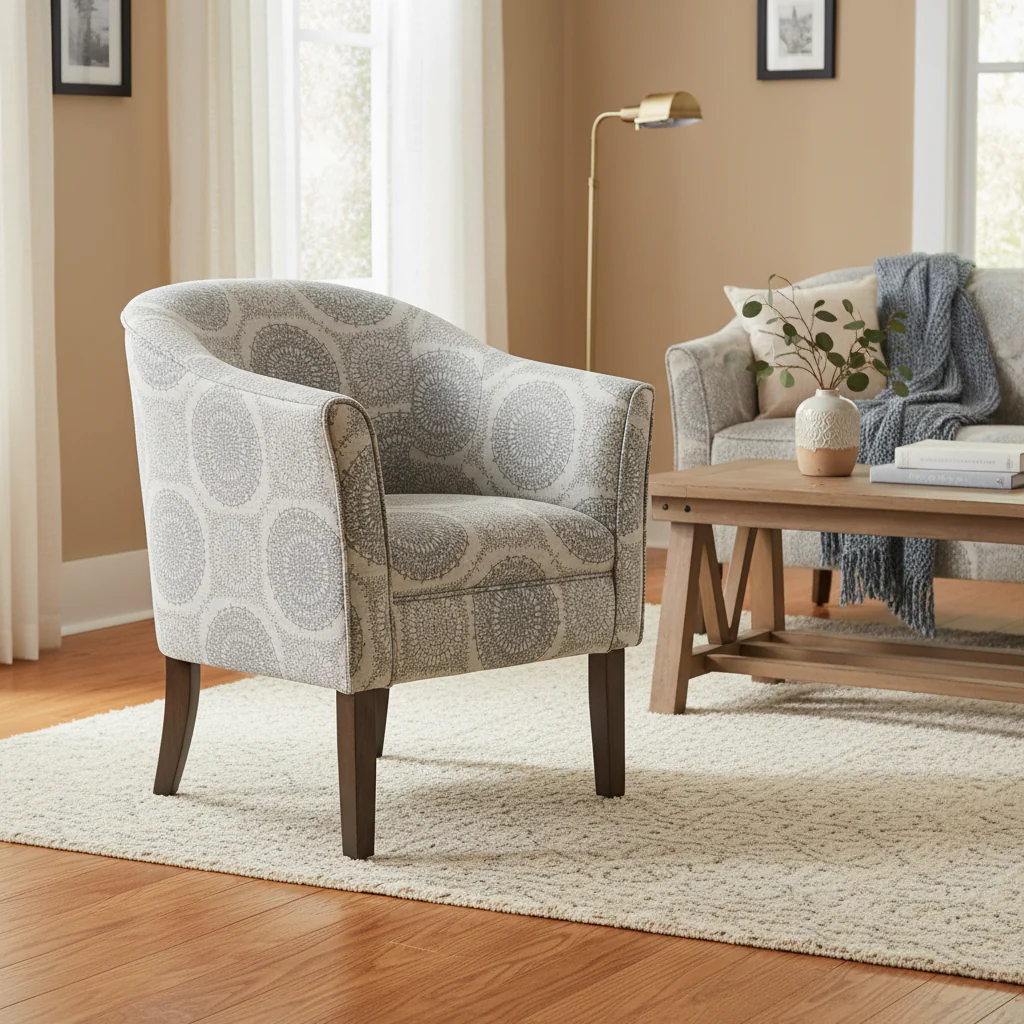 Grey Medallion Tub Shaped Accent Chair